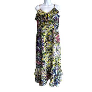 THE PYRAMID COLLECTION Colorful Butterfly Ruffled Maxi Dress Womens L Hippie